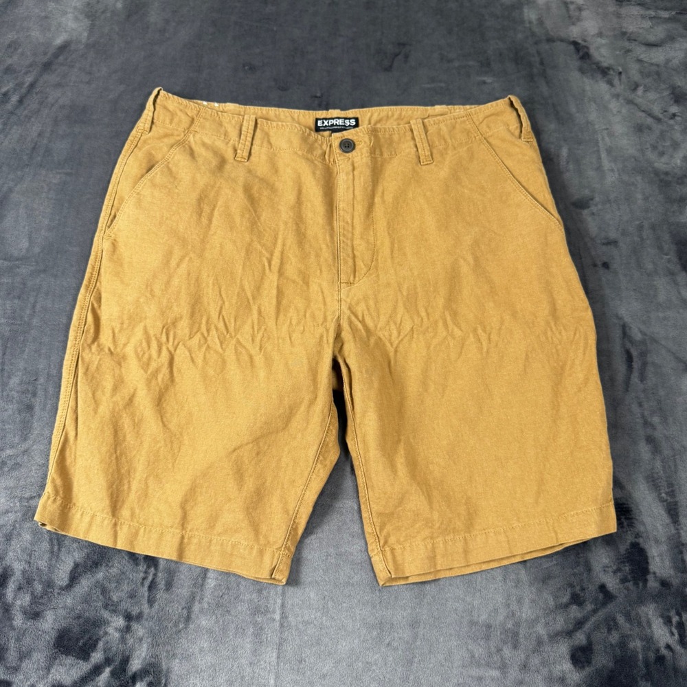 Express Linen Cotton Blend Shorts Mens 36 Brown Tan Casual Summer Flat Front